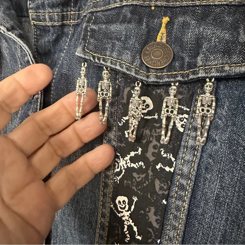 Black & White Skeleton fabric on an Upcycled Cherokee Denim Jacket., XL 14 / 16